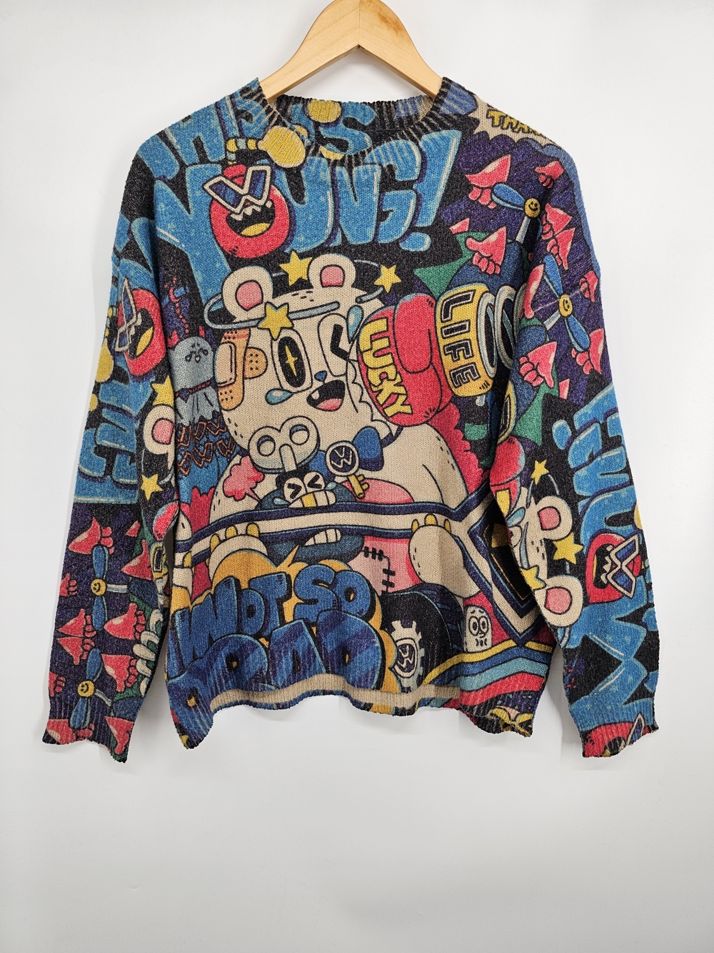 Cartoon Graffiti All Over Print Sweater Men's L Colorful Unisex Streetwear